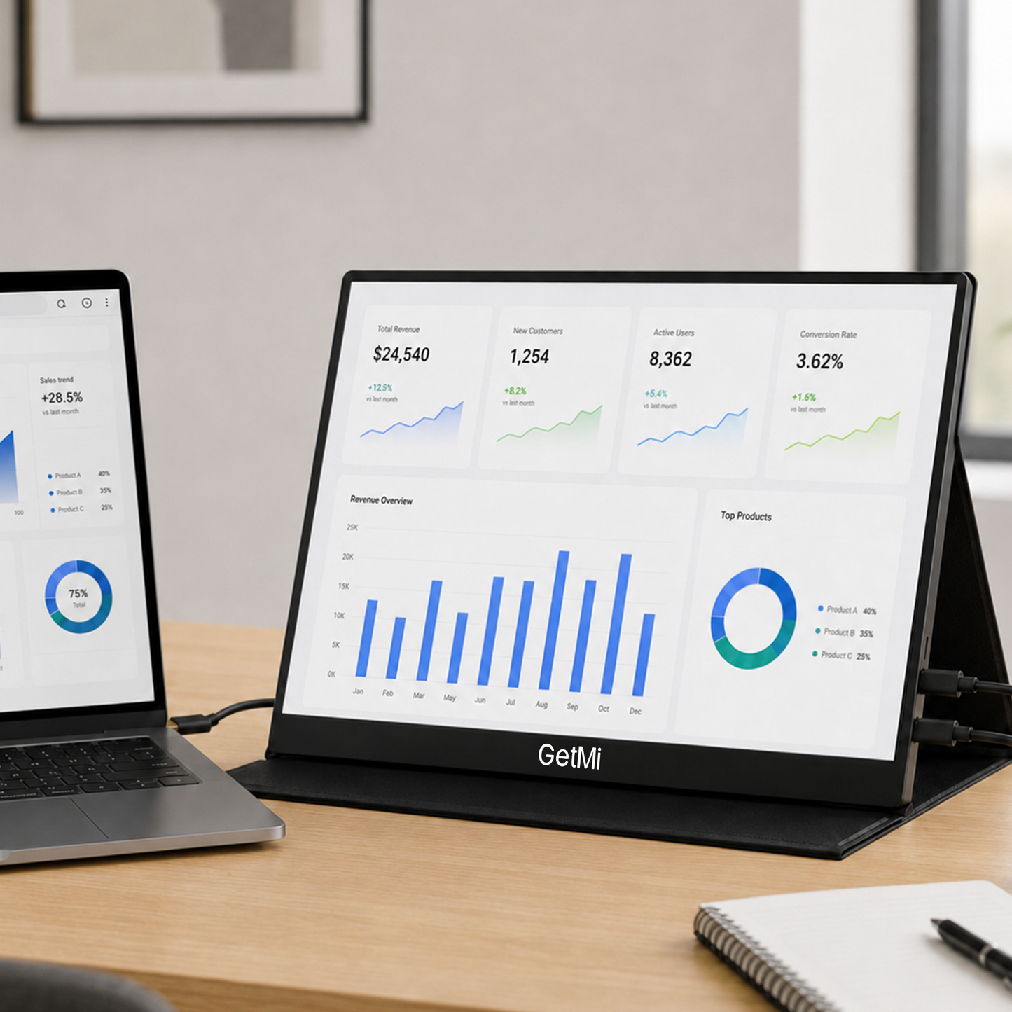 GetMi P160B portable monitor in a workspace
