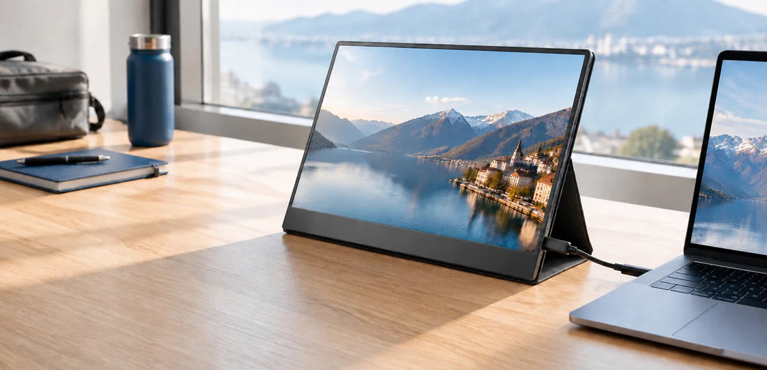 USB-C portable monitor connected to a laptop on a travel workspace