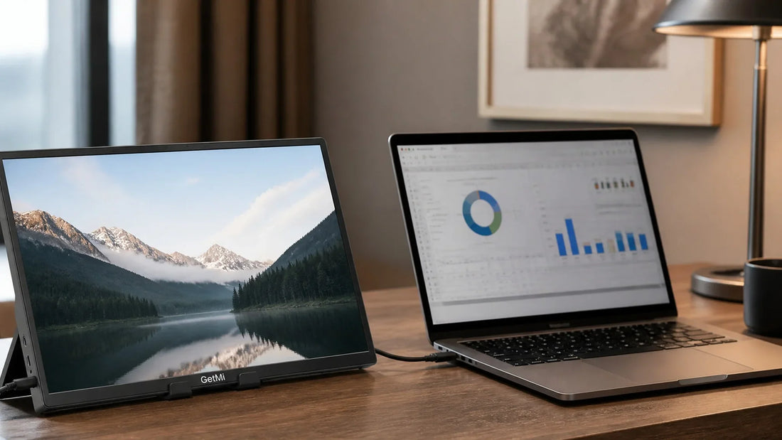 GetMi P140 portable monitor beside a laptop in a dual-screen workspace