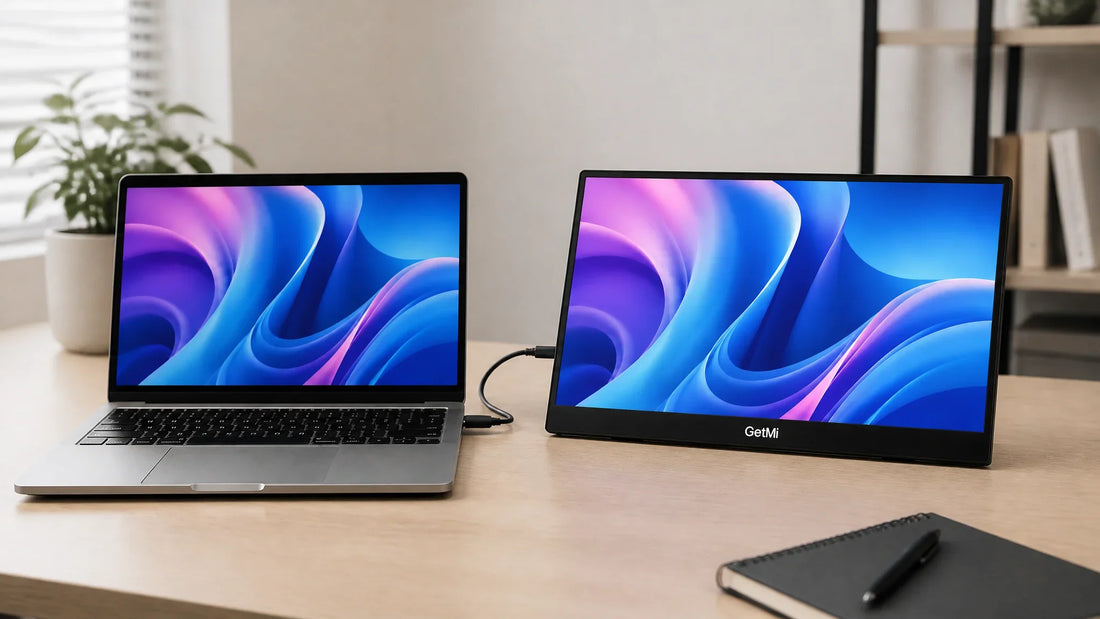 GetMi P150 portable second monitor beside a laptop in a workspace