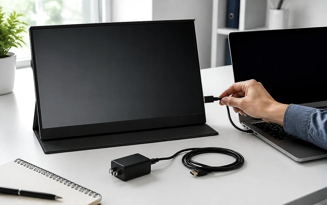 Portable monitor showing a blank screen beside USB-C and HDMI cables during troubleshooting