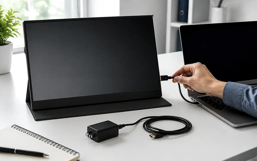 Portable monitor showing a blank screen beside USB-C and HDMI cables during troubleshooting