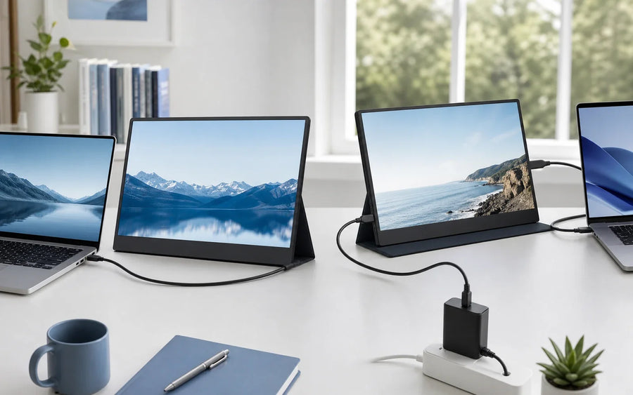 Portable monitor connected in one-cable USB-C and separate HDMI power configurations
