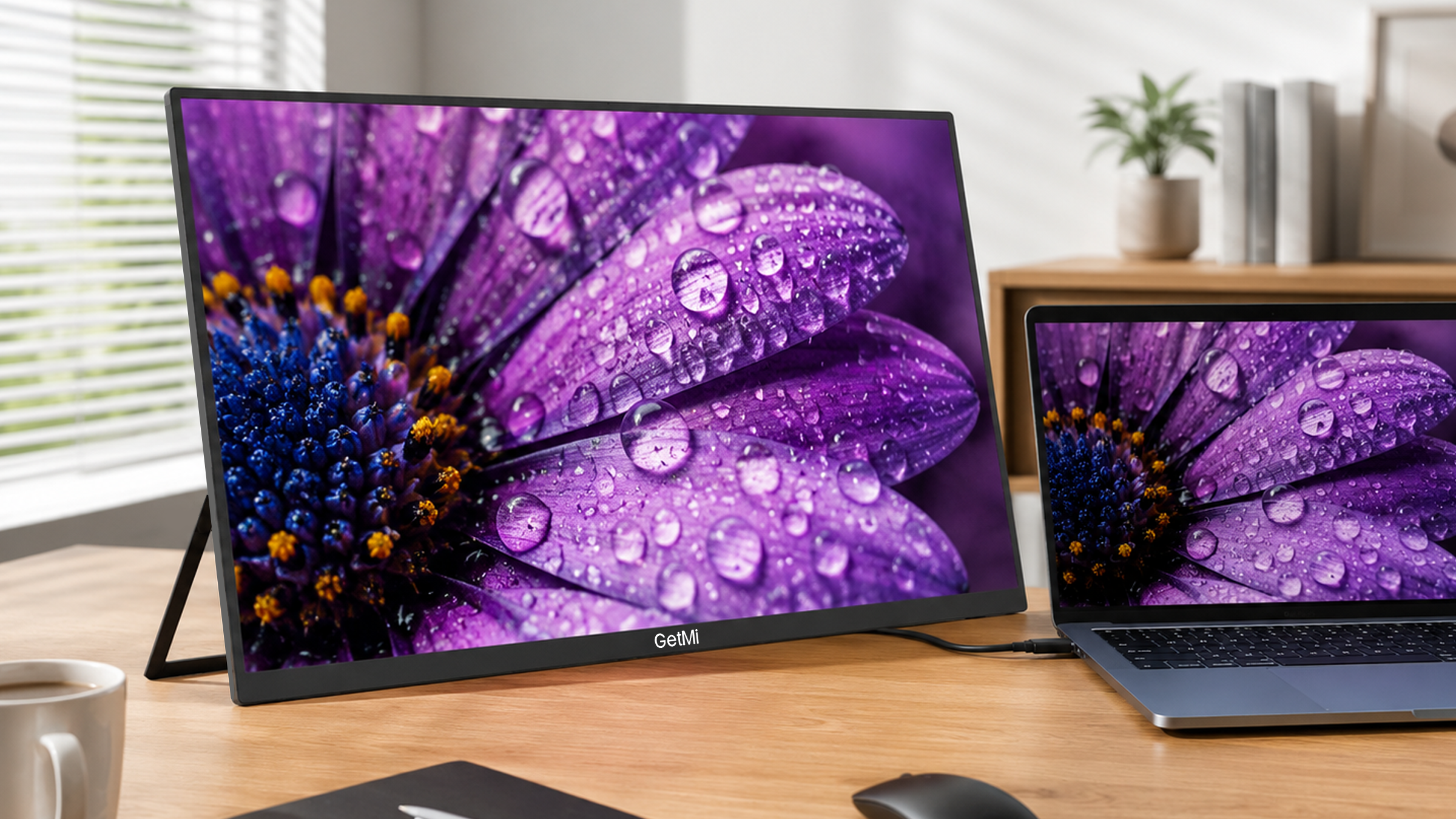 GetMi P238 monitor supported by its integrated stand