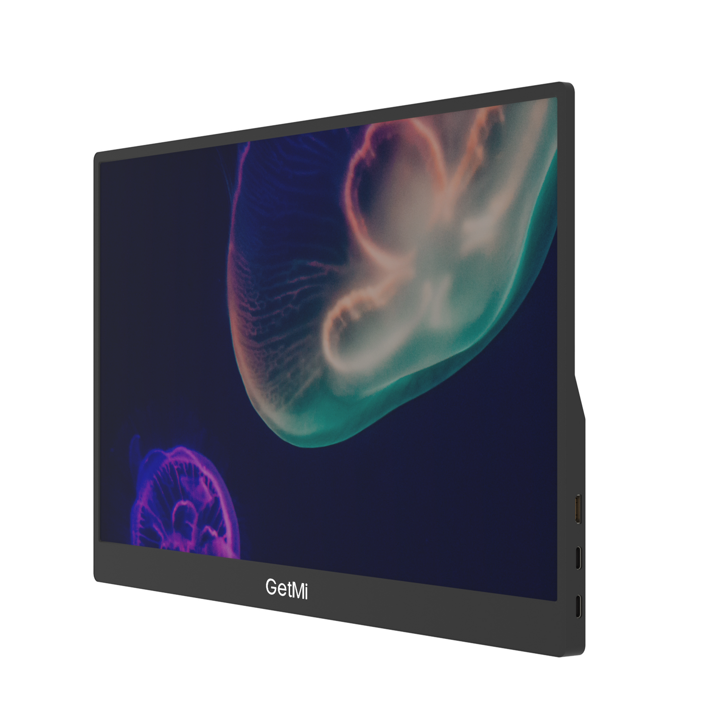 GetMi P150T touchscreen monitor front view with ports