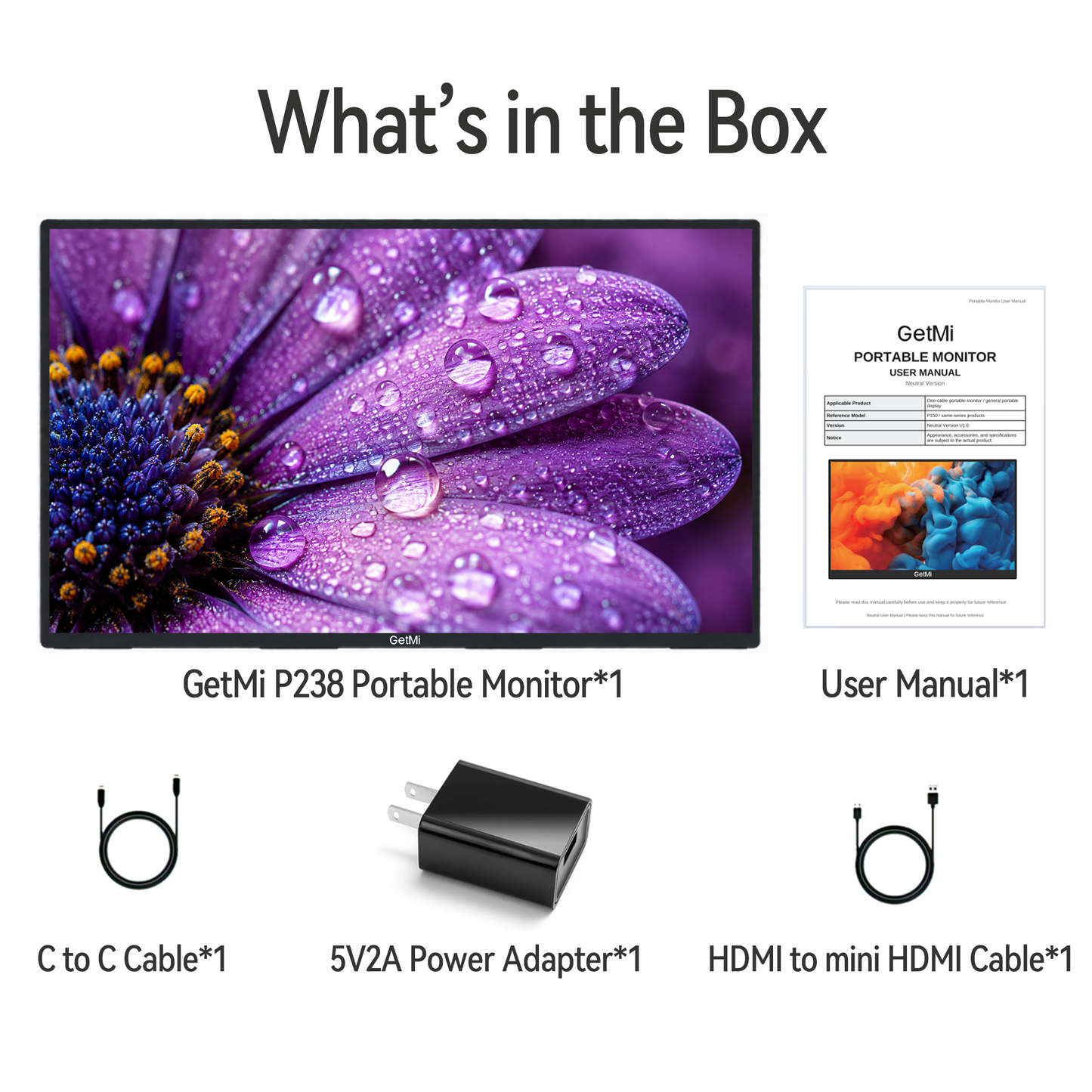 GetMi P238 monitor package contents